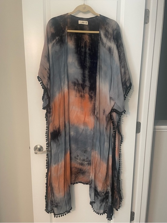 NATURAL LIFE Tops - Natural Life Black, Blue, and Peach Tie Dye Long Duster with Black Pom Detail OS